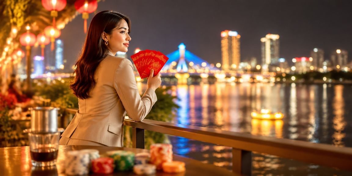 Người chơi tại Đà Nẵng cầm phong bao đỏ và xem kết quả khuyến mãi thể thao trên điện thoại bên ly cà phê